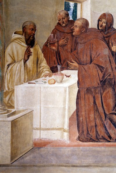 Benedicto rompe un vaso de vino envenenado haciendo la señal de la cruz (detalle) de Giovanni Antonio Bazzi Sodoma