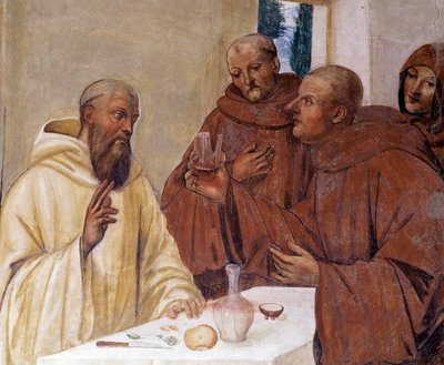 Benedicto rompe un vaso de vino envenenado haciendo la señal de la cruz (detalle) de Giovanni Antonio Bazzi Sodoma