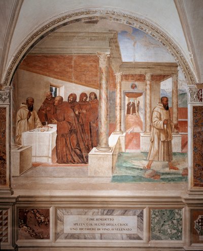Benito rompe un vaso de vino envenenado haciendo la señal de la cruz (fresco) de Giovanni Antonio Bazzi Sodoma