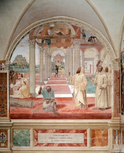 Benedicto construyó doce monasterios fresco del claustro realizado por Antonio Bazzi dit il Sodoma (1477 - 1549) que narra la vida de San Benito de Nursia (480 - 567) fundador de la Orden de Benedictinos 1503 - 1508 Abadía de Monte Oliveto Maggiore, Flor de Giovanni Antonio Bazzi Sodoma
