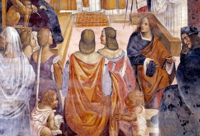Benedicto excomulga a dos monjas y las absuelve después de su muerte (detalle). Fresco del claustro por Antonio Bazzi (il Sodoma) relatando la vida de San Benito de Nursia (fundador de la Orden Benedictina) 1503-1508 Abadía de Monte Oliveto Maggiore de Giovanni Antonio Bazzi Sodoma