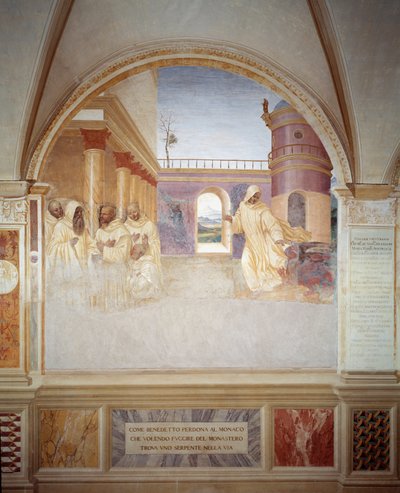 Benedicto perdona al monje que, al intentar escapar del monasterio, encontró una serpiente en su camino (Benedicto perdona al monje que, al intentar escapar del monasterio, encontró una serpiente en su camino) Fresco del claustro realizado por Antonio Bazz de Giovanni Antonio Bazzi Sodoma