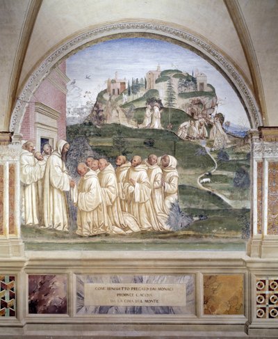 Benedicto hizo brotar una fuente en la cima de la montaña - fresco del claustro hecho por Antonio Bazzi dit il Sodoma (1477 - 1549) relatando la vida de San Benito de Nursia (480 - 567) fundador de la Orden de los Benedictinos 1503 - 1508 Abadía de Monte O de Giovanni Antonio Bazzi Sodoma