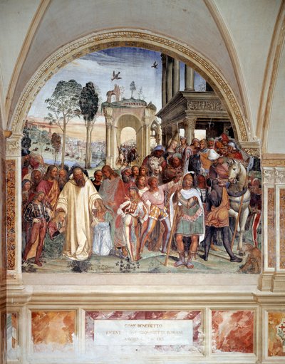 Benoit recibe a dos jóvenes romanos Mauro y Plácido - fresco del claustro hecho por Antonio Bazzi dit il Sodoma (1477 - 1549) relatando la vida de San Benito de Nursia (480 - 567) fundador de la Orden de los Benedictinos 1503 - 1508 Abadía de Monte Oliveto de Giovanni Antonio Bazzi Sodoma