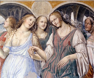 Florent envía prostitutas al monasterio (Florent envía cortesanas al monasterio de San Benito) (detalle) de Giovanni Antonio Bazzi Sodoma
