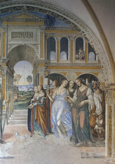 Florentius enviando a las prostitutas al monasterio, escena de la vida de San Benito de Giovanni Antonio Bazzi Sodoma