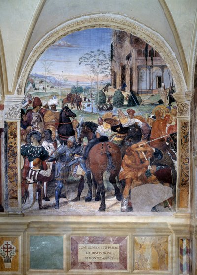 Cómo Benedicto predice la destrucción de Monte Cassino (San Benito predice la destrucción de Monte Cassino) (detalle) - fresco del claustro realizado por Antonio Bazzi dit il Sodoma (1477 - 1549) que narra la vida de San Benito de Nursia (480 - 567) fund de Giovanni Antonio Bazzi Sodoma