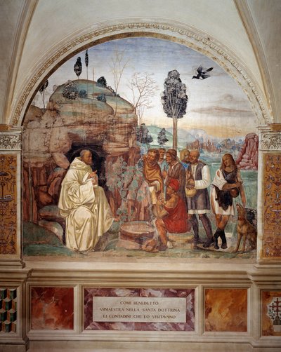 Cómo Benito enseña la doctrina sagrada a los campesinos que lo visitan - fresco del claustro hecho por Antonio Bazzi dit il Sodoma (1477 - 1549) relatando la vida de San Benito de Nursia (480 - 567) fundador de la Orden de los Benedictinos 1503 - 1508 Abad de Giovanni Antonio Bazzi Sodoma