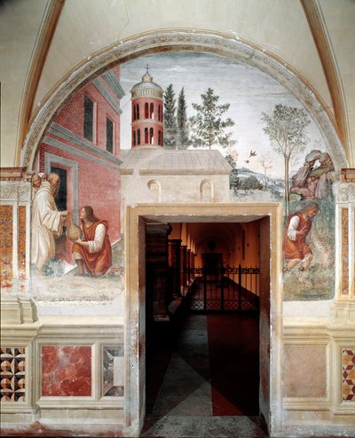 Cómo Benito convierte en serpiente un vino que un sirviente le escondió (detalle) - fresco del claustro hecho por Antonio Bazzi dit il Sodoma (1477 - 1549) relatando la vida de San Benito de Nursia (480 - 567) fundador de la Orden de los Benedictinos 1503  de Giovanni Antonio Bazzi Sodoma