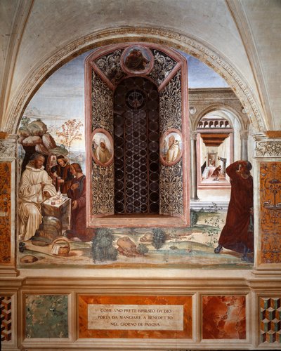 Cómo un sacerdote llevó comida a Benito en Pascua (fresco) de Giovanni Antonio Bazzi Sodoma