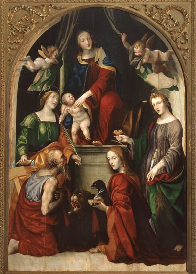 Madonna y Niño y Ángeles entre los santos Jerónimo, Catalina de Alejandría, Lucía y Juan Evangelista, c.1513 de Giovanni Antonio Bazzi Sodoma