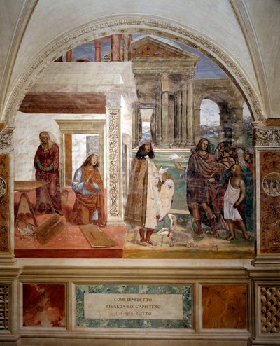 San Benito arregla un tamiz roto En el centro de la imagen, autorretrato del artista - Fresco del claustro realizado por Antonio Bazzi dit il Sodoma (1477 - 1549) que narra la vida de San Benito de Nursia (480 - 567) fundador de la Orden de de Giovanni Antonio Bazzi Sodoma