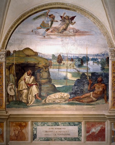 San Benito triunfa sobre la tentación arrojándose desnudo a un arbusto de espinas, mientras un ángel lucha contra el demonio (fresco) de Giovanni Antonio Bazzi Sodoma
