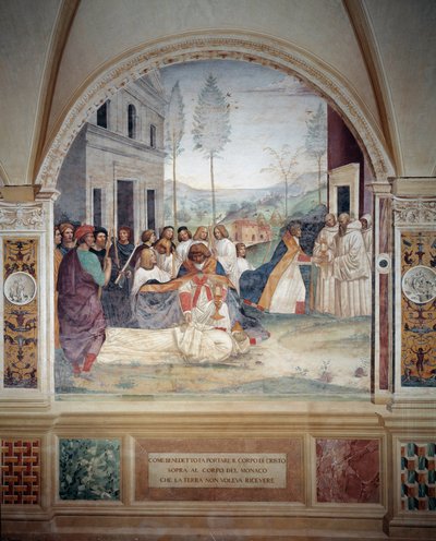 San Benito lleva el cuerpo de Cristo sobre el cuerpo del monje que la tierra se niega a enterrar (fresco) de Giovanni Antonio Bazzi Sodoma