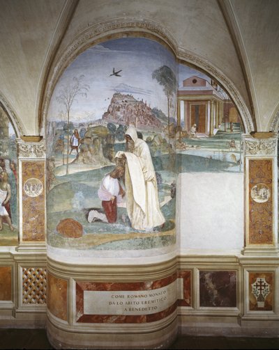El monje Romano da a Benito el hábito de ermitaño de Giovanni Antonio Bazzi Sodoma