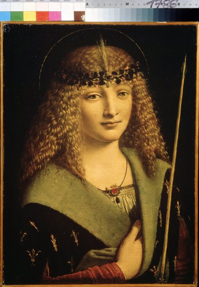 ""Retrato de un joven como San Sebastián sosteniendo una flecha"" (Retrato de un joven como San Sebastián) Pintura de Giovanni Antonio Boltraffio (Beltraffio) (1467-1516) hacia 1500 Museo Pushkin, Moscú de Giovanni Antonio Boltraffio
