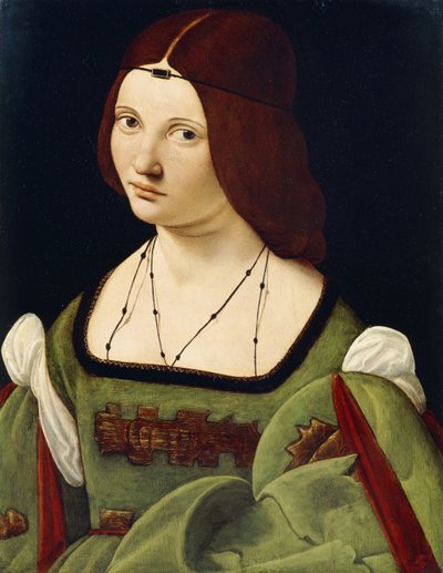 Retrato de una dama, se dice que es Clarice Pusterla, medio cuerpo, con un vestido verde de Giovanni Antonio Boltraffio