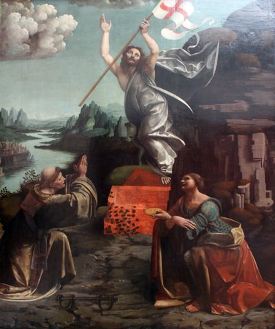 La resurrección de Cristo con San Leonardo de Noblac y Lucía de Giovanni Antonio Boltraffio