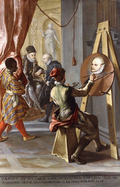 Fabio Albergati recibido por Felipe II de España, mientras un artista ejecuta su retrato secretamente por instrucciones del rey de Giovanni Antonio Burrini or Burino