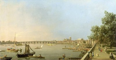 El Támesis desde la terraza de Somerset House, mirando río arriba hacia Westminster y Whitehall, c.1750 de Giovanni Antonio Canal