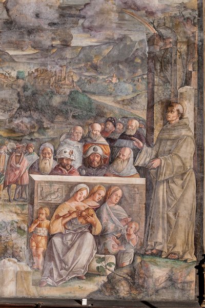 San Antonio llegando a Padua, donde restablece la paz entre los ciudadanos con la fuerza y la dulzura de su predicación, Escuela del Santo, detalle de 2196876 de Giovanni Antonio Corona