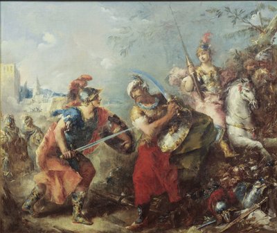 La lucha entre Tancredo y Argante con Clorinda en el fondo de Giovanni Antonio Guardi