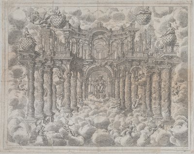 Placa 2 [contraprueba]: Escenario con figuras alegóricas sentadas entre las nubes de Giovanni Antonio Lorenzini