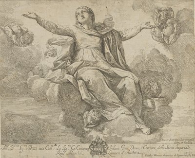 La Asunción de la Virgen, sentada en las nubes con los brazos extendidos, ángeles, 1685-1720 de Giovanni Antonio Lorenzini