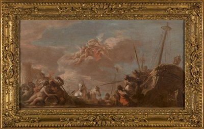 Boceto para el techo de la Banque Royale: Le Déchargement en bord de Seine de marchandises en provenance de la Louisiane, en 1720 (óleo sobre lienzo (tejido)) de Giovanni Antonio Pellegrini