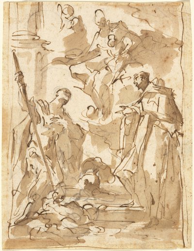 La Madonna y el Niño en gloria con San Teodoro y un santo monástico de Giovanni Antonio Pellegrini