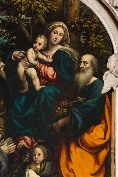 Altar de Santa Catalina, Madonna y Niño entre los santos Felipe y Santiago y el donante Giacomo Schizzi, Il Pordenone 1522, (detalle) de Giovanni Antonio Pordenone