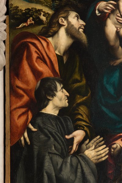 Altar de Santa Catalina, Madonna y Niño entre los Santos Felipe y Santiago y el donante Giacomo Schizzi (detalle) de Giovanni Antonio Pordenone
