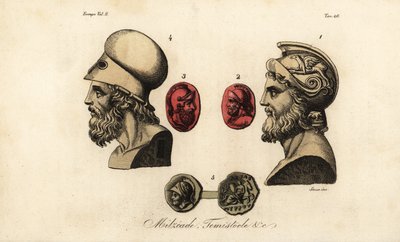 Bustos y gemas de los políticos atenienses Milcíades el Joven 1,2, Temístocles 3,4, y el rey Pirro I 5 de Giovanni Antonio Sasso