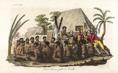 Nativos hawaianos ofrecen un cerdo en sacrificio al capitán James Cook ante 12 sacerdotes y un ídolo de madera en la casa sagrada de Orono. Grabado en cobre coloreado a mano por Sasso según John Webber de la obra de Giulio Ferrario Trajes antiguos y modern de Giovanni Antonio Sasso