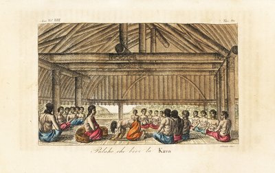 El rey Polaho bebiendo kava en una casa larga, Tonga (Islas Amistosas). Grabado en cobre coloreado a mano por Sasso según John Webber de la obra de Giulio Ferrario Trajes antiguos y modernos de todos los pueblos del mundo, Florencia, Italia. de Giovanni Antonio Sasso