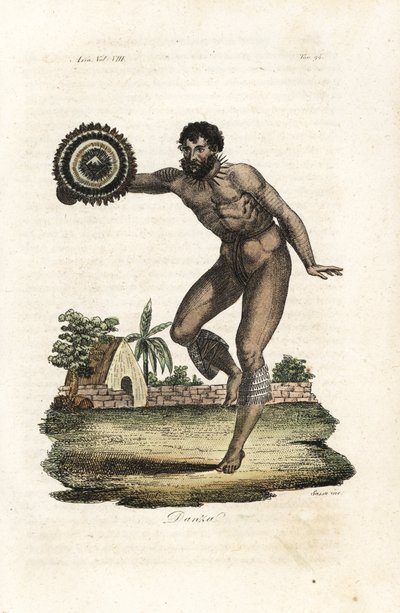 Hombre desnudo y tatuado de Hawai (Islas Sandwich) bailando para el capitán James Cook de Giovanni Antonio Sasso