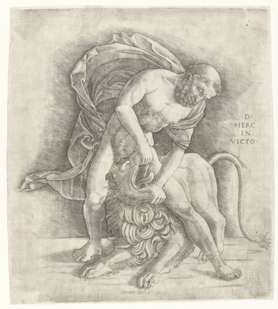 Hércules luchando contra el león de Nemea Hércules vence al león de Nemea D HERC IN VICTO (título sobre objeto) de Giovanni Antonio da Brescia