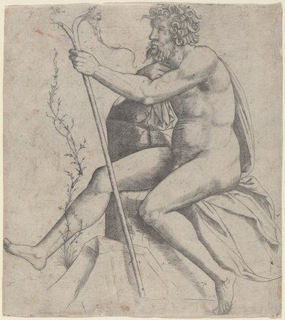 Hombre sentado sosteniendo un bastón bifurcado de Giovanni Antonio da Brescia