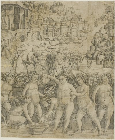 Siete cupidos con dos carneros en un paisaje de Giovanni Antonio da Brescia