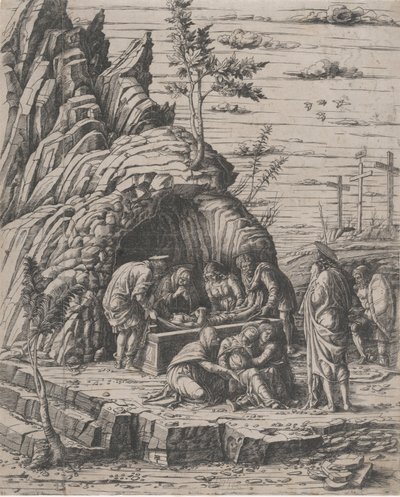 El Entierro de Cristo siendo bajado por dos hombres a una tumba de piedra, ca. 1470-1500 de Giovanni Antonio da Brescia