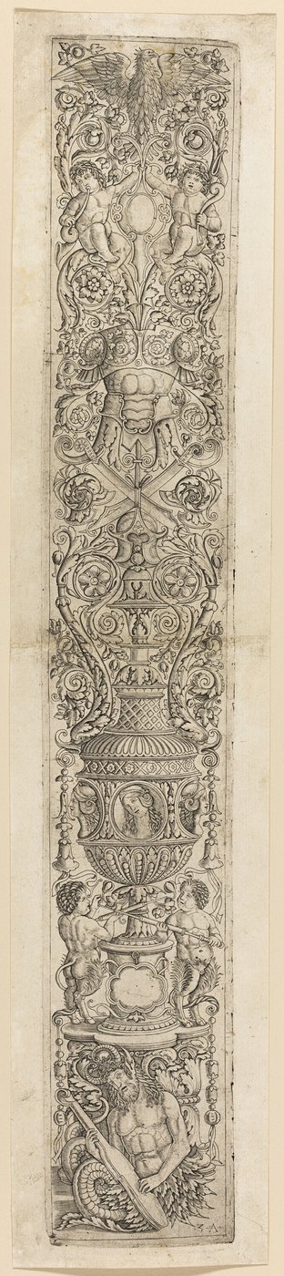 Tritón y dos sátiros infantes, lámina cuatro de Doce paneles decorativos de Giovanni Antonio da Brescia