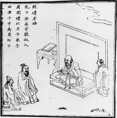 Lao Tzu encontrándose con Confucio. Grabado chino. sd. de Phillipe de Marlier