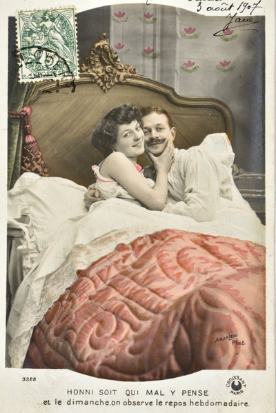 Postal: Honni soit qui mal y pense/Domingo de descanso semanal - fecha 1907 de Phillipe de Marlier