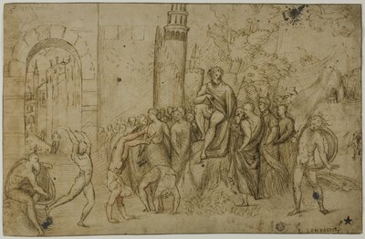 Acróbatas actuando ante una regla (anverso); Escena al aire libre con grupo de figuras (reverso) de Giovanni Antonio da Pordenone
