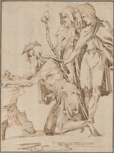 Ermitaño arrodillado y dos figuras vestidas contemplando un cráneo de Giovanni Bandini