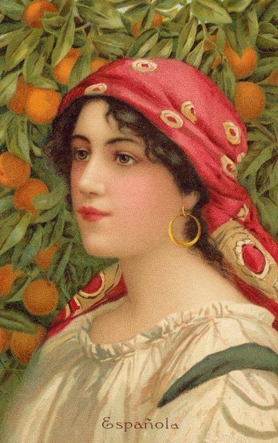 Retrato de una mujer española con un naranjo (litografía en color) de Giovanni Barbaro