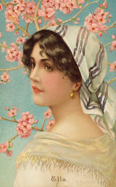 Retrato de una mujer con un árbol en flor (litografía en color) de Giovanni Barbaro