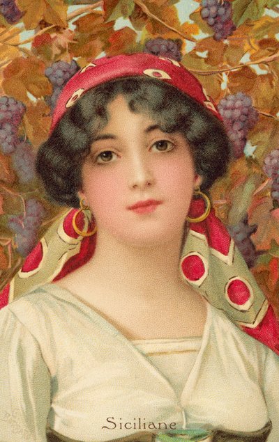 Retrato de una mujer siciliana con una vid (litografía en color) de Giovanni Barbaro