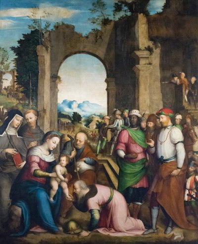 Adoración de los magos con santa Clara y san Francisco, c.1510 (óleo sobre tabla) de Giovanni Battista (1489 1561) Volponi