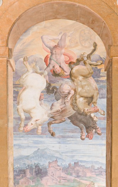 El carro del Sol conducido por Apolo en picado hacia la Tierra, muro oriental de la Logia de Apolo, c.1560 (fresco) de Giovanni Battista and Cambiaso Luca Castello